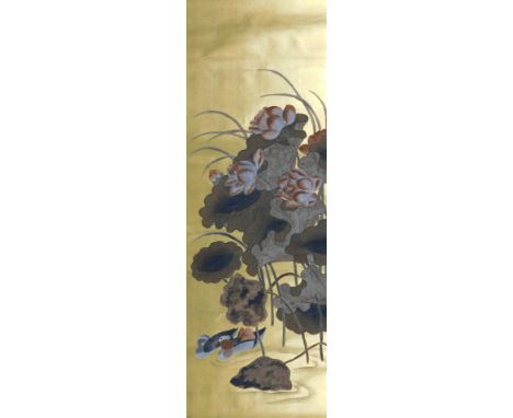 A 19thC Chinese scroll painting, of mandarin ducks and lotus flowers, on a gold ground, 133cm x 43cm.