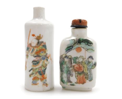 A Chinese famille verte snuff bottle, decorated with figures in a garden, 7cm high, and a further snuff bottle or miniature v