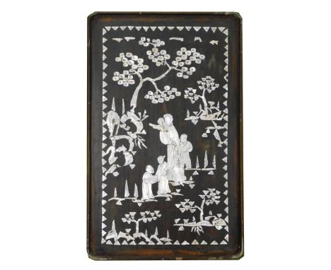 A late 19thC Oriental lacquered rectangular tray, inset with a scene of figure with children, trees, etc., inlaid in mother o