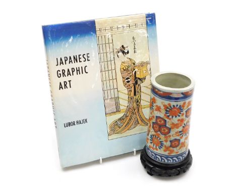 Hajeko (Lubor) Japanese graphic art, together with a Japanese Imari vase, of cylindrical form, with a stand, 17cm high. (AF) 