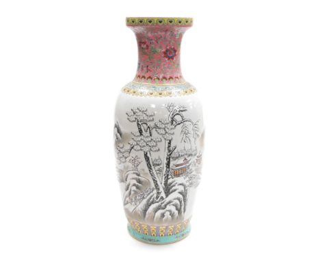 A 20thC Chinese Canton porcelain vase, painted centrally with a winter landscape, beneath a neck and shoulder enamel decorate