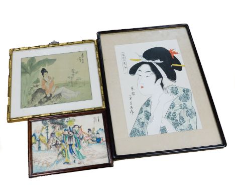 A Japanese print of an actor, 45.5cm x 30.5cm, further print on silk of a lady seated with a scroll, 25.5cm x 31cm, and a Chi