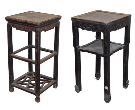 Two Chinese hardwood urn stands, each of square section, one with central undertier lacking, over a further fret work carved 
