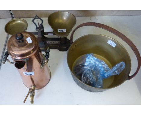 A brass and copper kettle, set of  Day and Millwood Ltd scales, weights, brass jam pan (3)