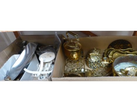 A set of scales, three sets of weights, assorted brassware and loose cutlery (2)