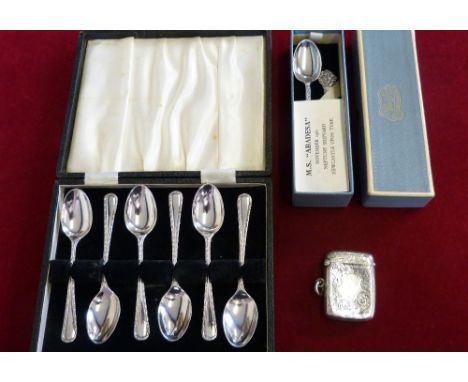 A silver set of six teaspoons Sheffield 1957, case, two silver Celtic spoons Sheffield 1961, case and a silver vesta case, Bi