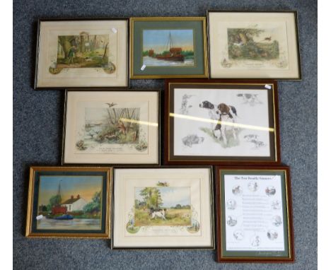 Four hunting prints and two other framed prints