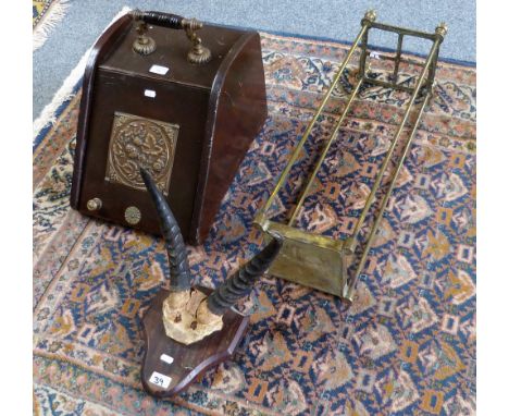 An oak coal scuttle, brass umbrella/stick stand and mounted animal horns and a towel rail (4)***AMENDED DESCRIPTION***