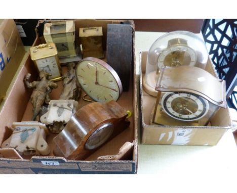 Two Junghans battery operated mantel clocks, together with a Smith's manual wind mantel clock, quartz carriage clocks, spelte