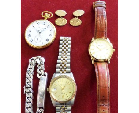 A pair of 9ct gold Masonic cufflinks 6gms, a silver ID bracelet and various watches