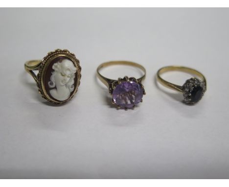 A 9ct yellow gold Cameo ring and two other 9ct gold rings, sizes L/P/Q, total weight approx 9.5 grams, generally good some ge