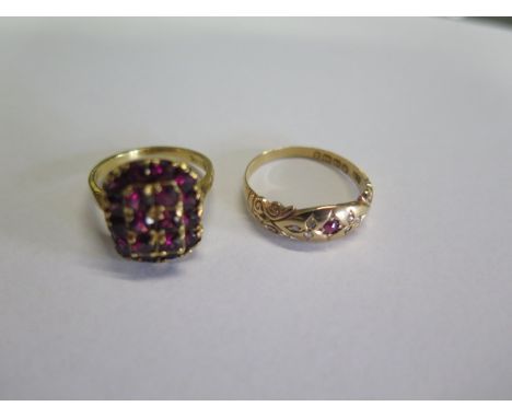 Two 18ct yellow gold rings, size M and R, one hallmarked the other marked 750, total weight approx 9.5 grams, both reasonably