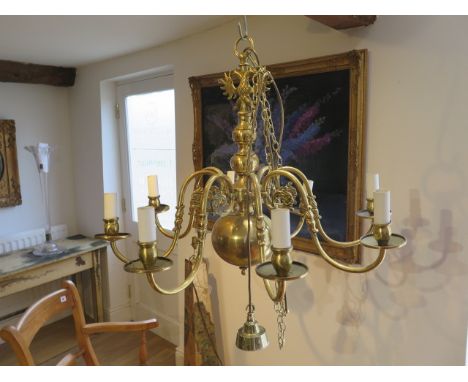 A brass eight branch hanging light fitting, 60cm tall x 76cm wide 