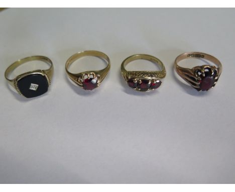 Four 9ct yellow gold rings, all hallmarked, sizes O/R/U/W, total weight approx 13.7 grams, all have some wear but generally g