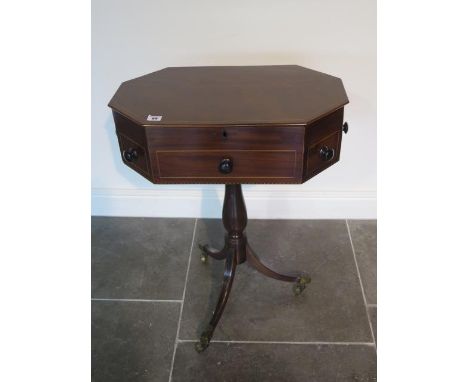 An octagonal mahogany work table with two active drawers and a rising top on a turned column and tripod base - interior void 