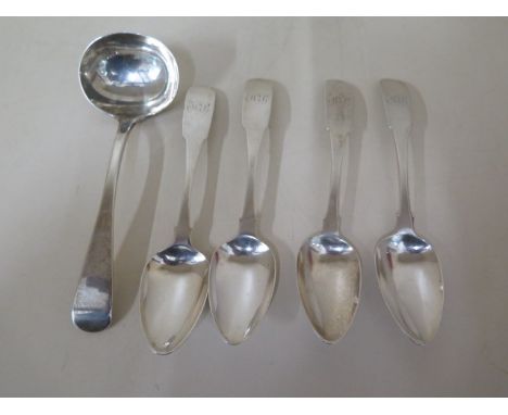 Four Irish silver spoons, Dublin 1804, maker NS, and a silver ladle, 17cm long, London 1870/11, maker SS, total weight approx