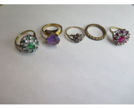 Five 9ct yellow gold dress rings, sizes M/O/R, total weight approx 15.8 grams, all have some small wear but generally good co