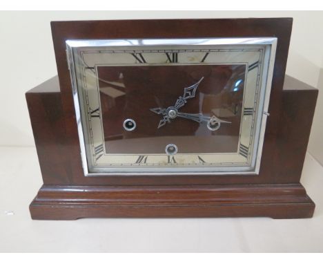 An Art Deco style mahogany case mantle clock, 8 day Westminster chimes 