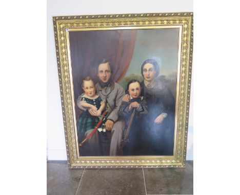 A large 19th century family oil on canvas family portrait of husband, wife and two children housed in a gilt frame, 148cm x 1