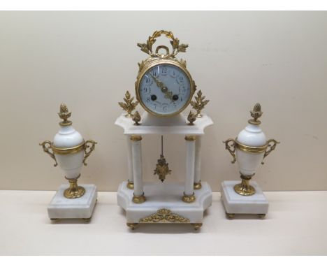 A good quality French white marble and Ormolu mounted Portico clock garniture set - clock 40cm tall - all in generally good c