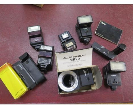 A collection of six vintage camera flash units including Centon Ring Flash, Cobra, Miranda, Vivitar, Minolta and Nimsco - als