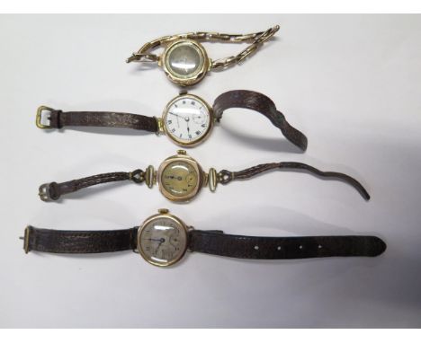 Four 9ct gold manual wind wristwatches, one on a 9ct sprung strap, largest 30mm wide, three are ticking, one has hour hand mi