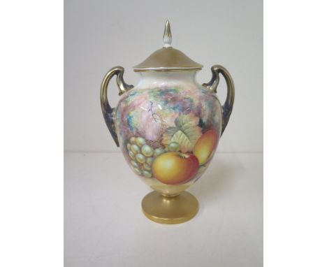 A Royal Worcester fine bone china twin handle lidded vase with fruit still life on a mossy bank signed Telford - printed blac