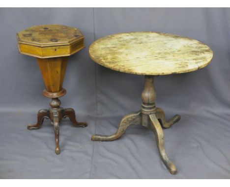 TWO ANTIQUE TABLES for restoration to include an early oak tripod table with circular top, 67cms H, 71.5cms diameter top and 