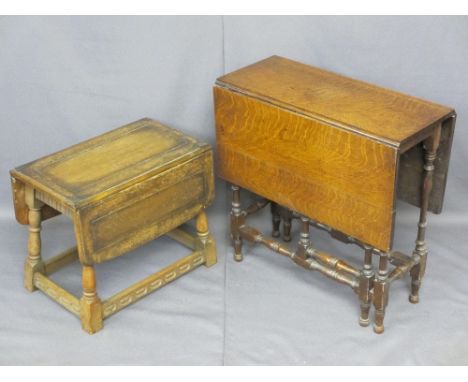 TWO VINTAGE OAK OCCASIONAL DROP-LEAF TABLES including a neat twin-flap example on turned and block supports, 61.5cms H, 61cms