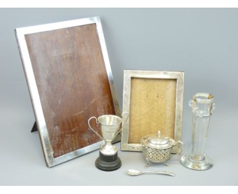 SMALL SILVER - a mixed group including two easel back portrait frames, 16 x 11.5cms, Birmingham hallmark, date rubbed, a 25 x