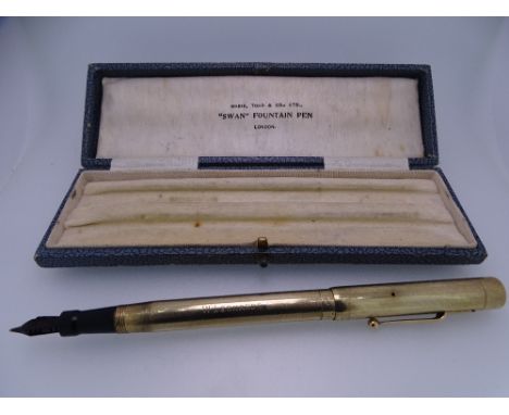 SWAN MABIE TODD - Vintage (1930s) 9ct Gold Swan Mabie Todd Leverless fountain pen with alternating engine-turned and plain pa