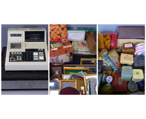 VINTAGE &amp; LATER BOXES, TINS &amp; PHOTOGRAPH FRAMES, an interesting mixture including a boxed sewing kit, walnut jeweller