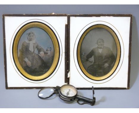TWO DAGUERREOTYPE PORTRAITS and a vintage pocket compass/binoculars, the portraits 18 x 14.5cms