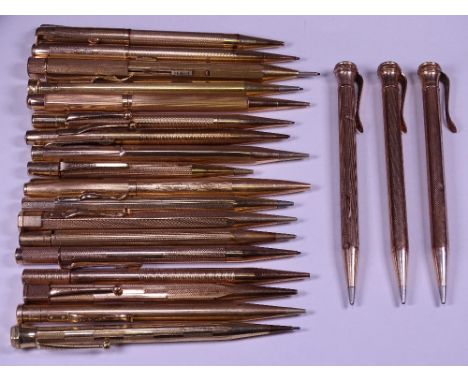 TWENTY-ONE ROLLED GOLD VINTAGE PENCILS by Yardol Lead, Eversharp, Life Long and others, three marked 'Guaranteed 14ct rolled 