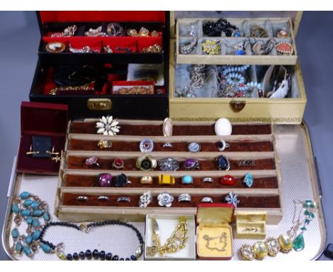 VINTAGE &amp; LATER COSTUME JEWELLERY a good quantity within two compartmented jewellery boxes, smaller boxes and a ring disp