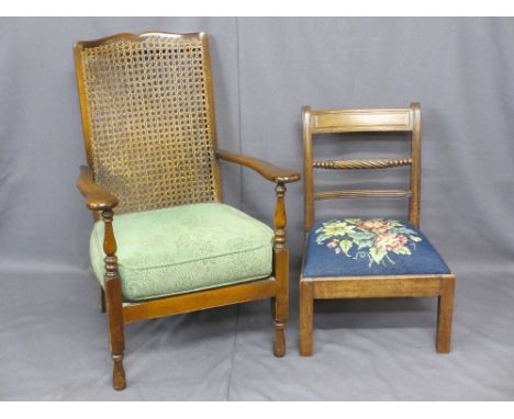 TWO VINTAGE SIDE CHAIRS including a bergere back armchair, 91cms H, 61cms W, 46cms seat depth and a Regency mahogany nursing 