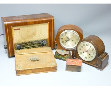 TWO VINTAGE CLOCKS, walnut cased radio, Lyons toffee tin ETC