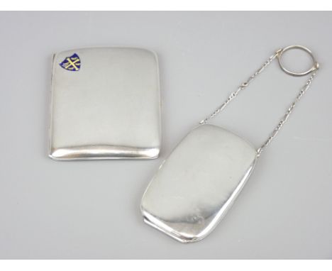 TWO CIGARETTE CASES including a curved pocket shape example with enamelled shield inset, Birmingham 1932, maker 'John William