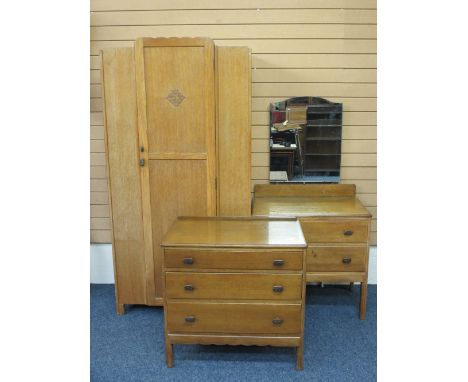 VINTAGE OAK THREE PIECE BEDROOM SUITE consisting of single door wardrobe, 183cms H, 93cms W, 46cms D, mirrored two drawer dre