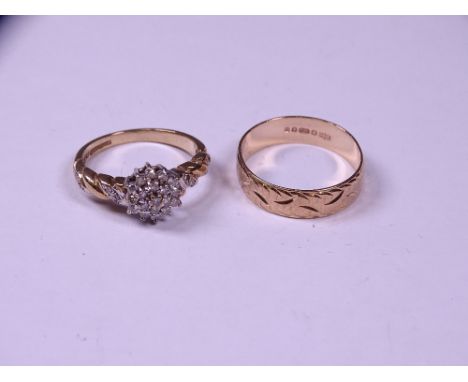 TWO 9CT GOLD RINGS including a raised form diamond set cluster with twist shoulders, mid K-L and a wedding band with engraved