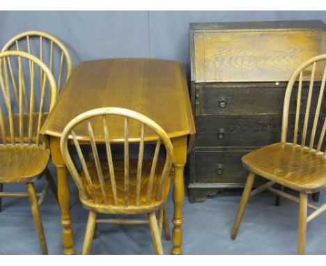 VINTAGE OAK BUREAU, twin-flap dining table and four hoop back dining chairs, various measurements