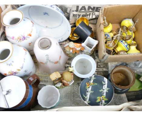 POTTERY DOOR HANDLE SET, continental floral vases, vintage glass lamp shade and other items of interest