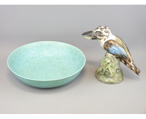 PILKINGTON'S ROYAL LANCASTRIAN BOWL and Australian Art pottery kookaburra bird, the bowl 33cms D in mottled green (chipped to