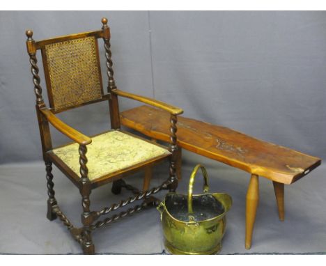 THREE VINTAGE &amp; LATER FURNITURE ITEMS to include an oak barley twist armchair with bergere cane back and tapestry seat, 9