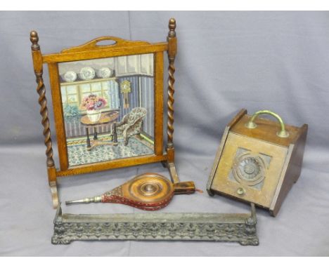 FOUR VINTAGE FIRESIDE ITEMS to include a barley twist firescreen with tapestry front, 75cms H, 57cms W, small cast iron fende