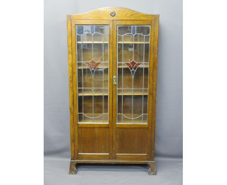 VINTAGE OAK BOOKCASE with leaded and stained glass doors and interior adjustable shelves, 172cms H, 93cms max W, 29cms D