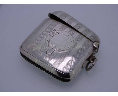 SILVER VESTA, slightly curved, engine turned, uninitialed crest by Joseph Gloster, Birmingham 1912, 1oz