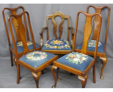 MAHOGANY SIDE CHAIRS (4 + 1 non-matching), the set of four being high back with central shaped splat, the other an early armc