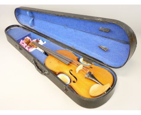 VINTAGE VIOLIN IN HARD CARRY CASE having Rosewood tuning pegs, 60cms overall L, 36cms figured two-piece back, the edges with 