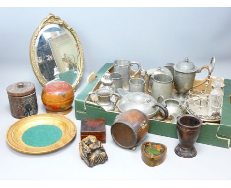 VINTAGE &amp; MODERN TREEN, pewter ware and a gilt framed easel mirror ETC